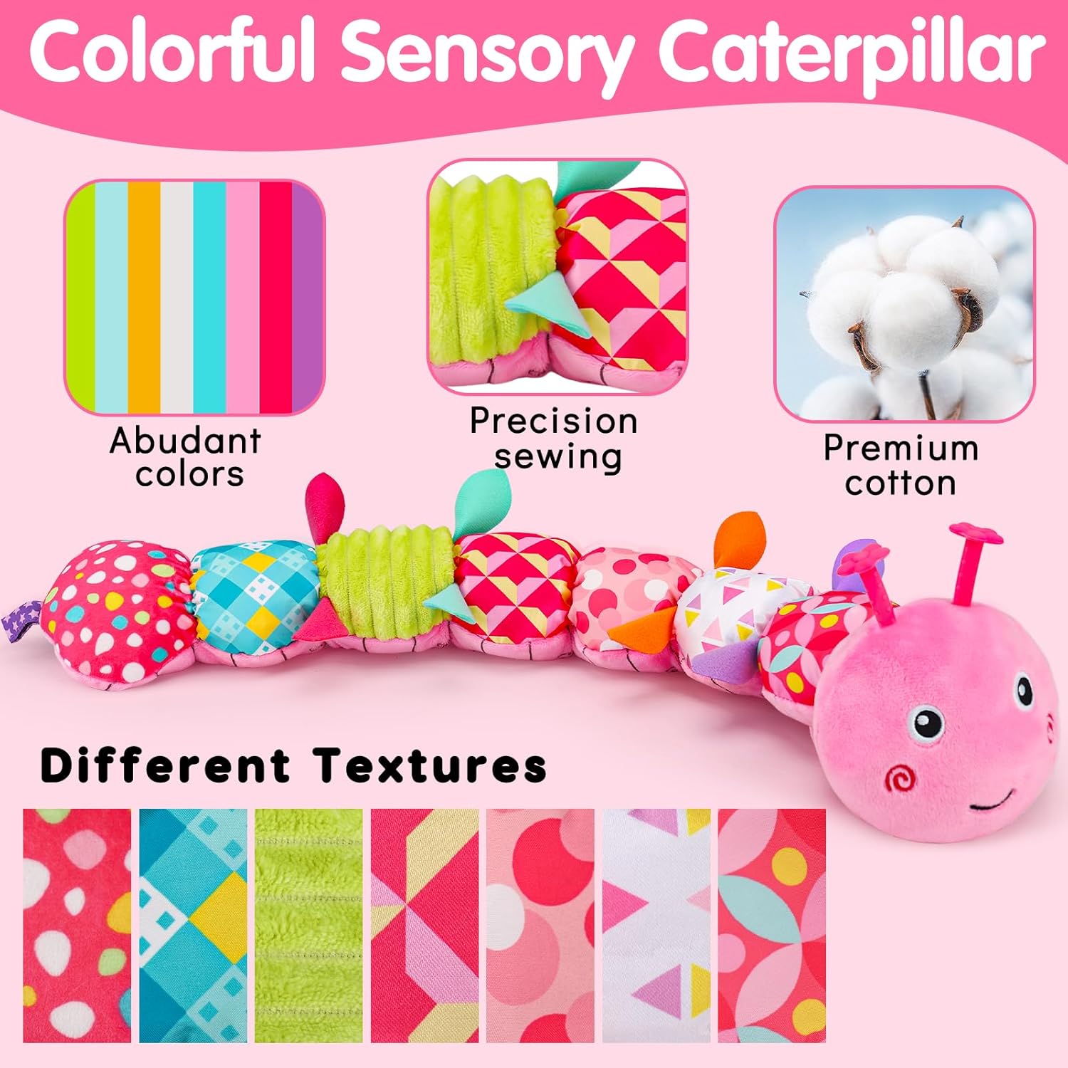 Baby Tummy Time Toy 0-6 Month Musical Stuffed Animal Plush Caterpillar Toy for Infant 6-12 Month Teething Sensory Toy with Crinkle Rattle for Babies 0-3-6 Month Newborn Toys for Boy Girl Birthday Gift - Image 4