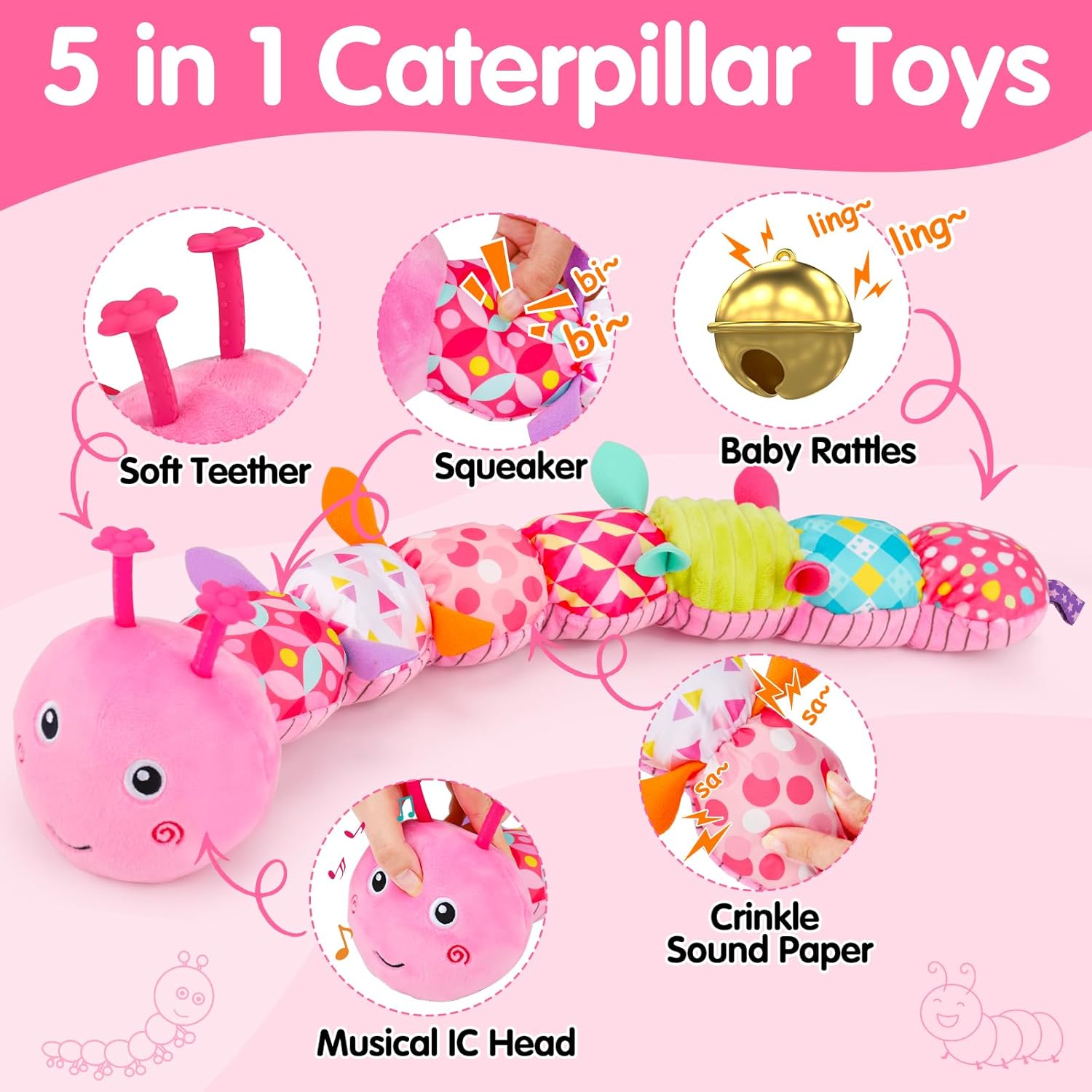 Baby Tummy Time Toy 0-6 Month Musical Stuffed Animal Plush Caterpillar Toy for Infant 6-12 Month Teething Sensory Toy with Crinkle Rattle for Babies 0-3-6 Month Newborn Toys for Boy Girl Birthday Gift - Image 6