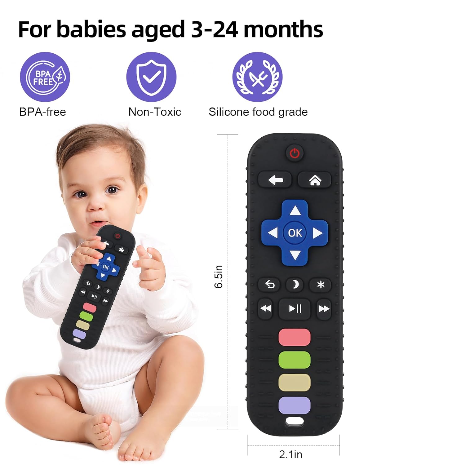 Chuya Baby Teether Toy Chew Toys for Babies 3-24 Months TV Remote Control Shape Teething Relief for Infants (Black) - Image 2