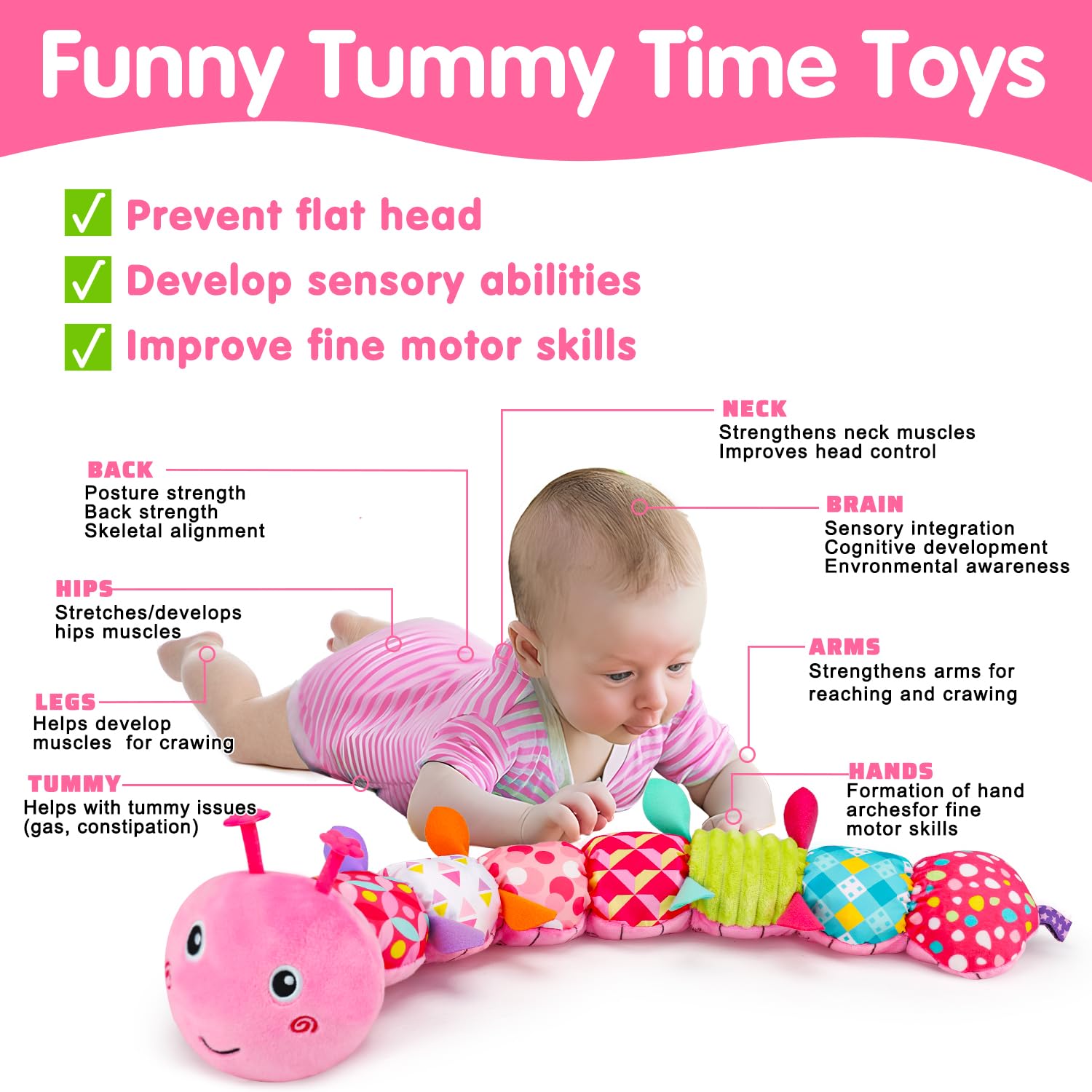Baby Tummy Time Toy 0-6 Month Musical Stuffed Animal Plush Caterpillar Toy for Infant 6-12 Month Teething Sensory Toy with Crinkle Rattle for Babies 0-3-6 Month Newborn Toys for Boy Girl Birthday Gift - Image 5