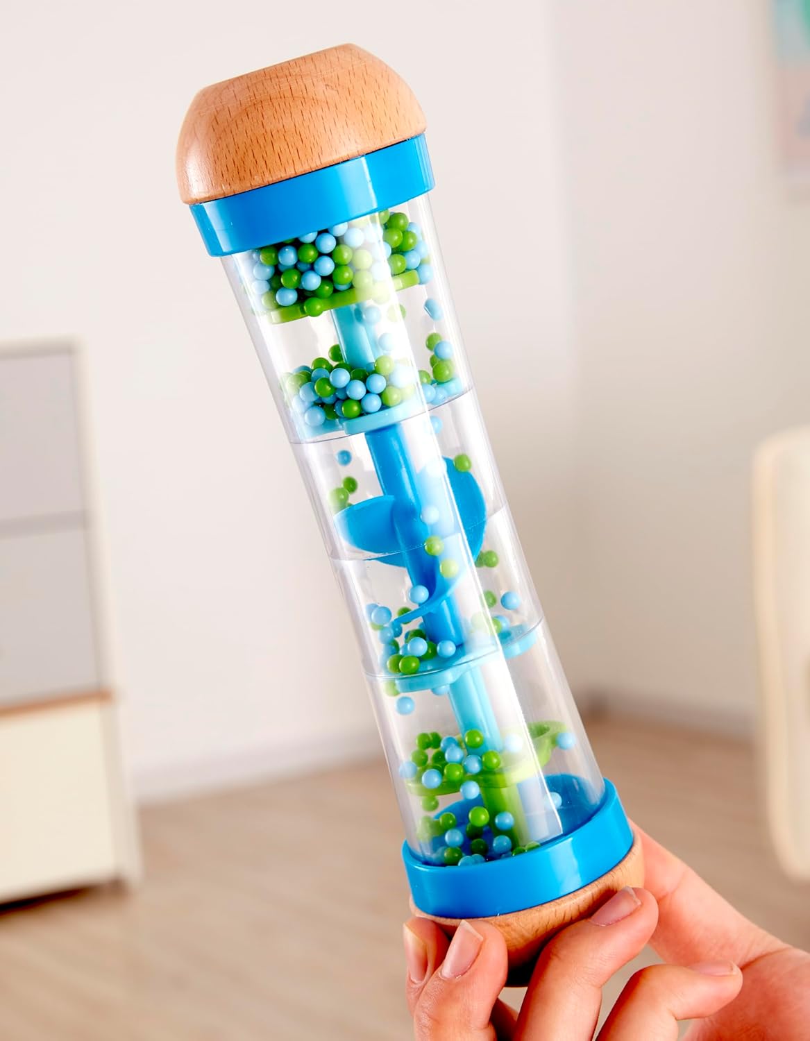 Hape Beaded Raindrops | Mini Wooden Musical Shake & Rattle Rainmaker Toy, Blue, Model Number: E0328B - Image 2