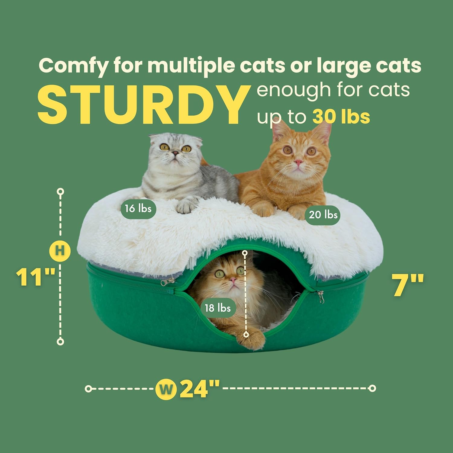 CATTASAURUS Peekaboo Cat Cave for Multiple & Large Cats Up to 30-45 Lbs, Fluffy Cat Beds & Furniture, Scratch Detachable & Washable Tunnel Bed, Comfy Donut Bed (Forest Green, Large (Calming)) - Image 3