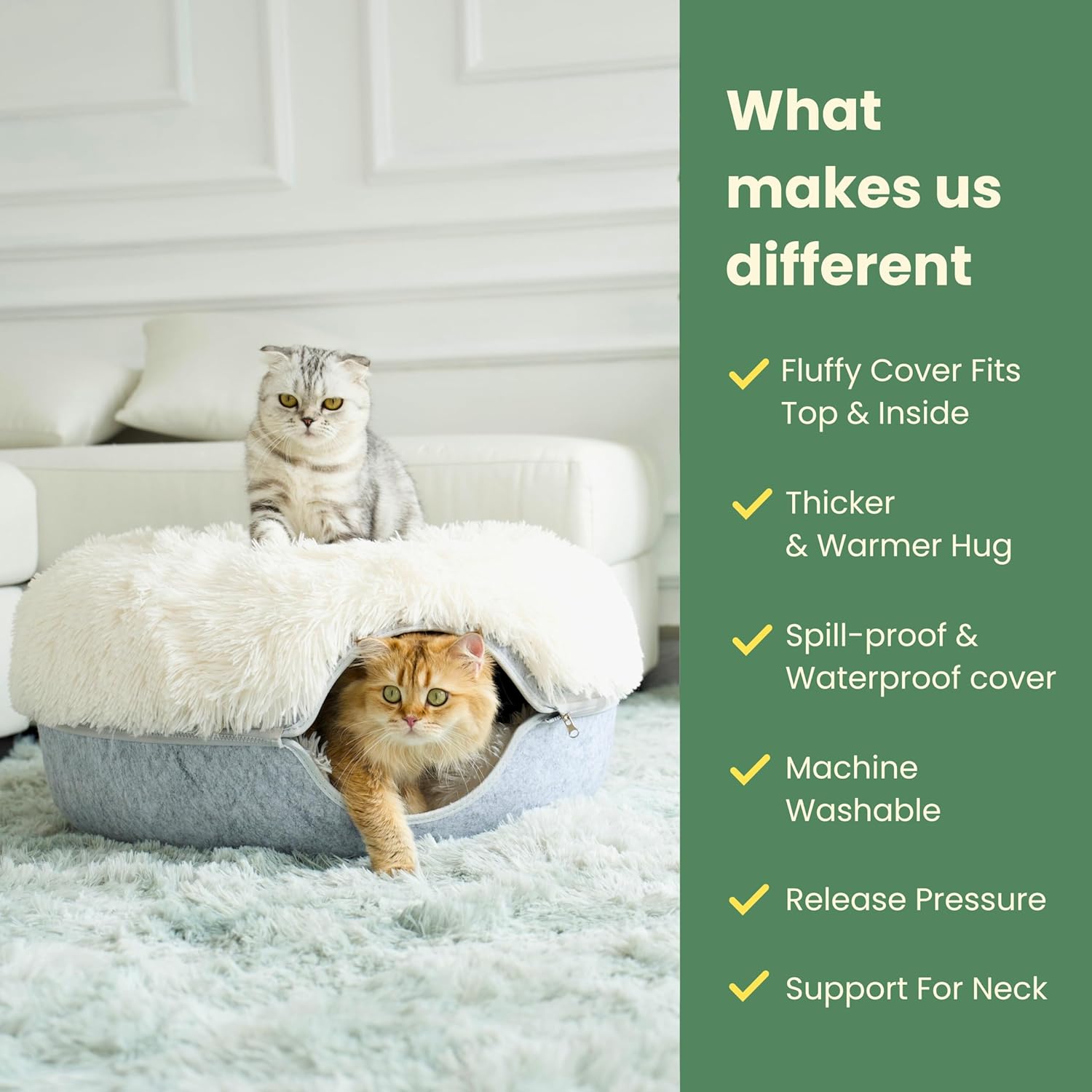 CATTASAURUS Peekaboo Cat Cave for Multiple & Large Cats Up to 30-45 Lbs, Fluffy Cat Beds for Indoor Cats, Scratch Detachable & Washable Tunnel Bed, Comfy Donut Cave (Light Gray, Large (Calming)) - Image 4