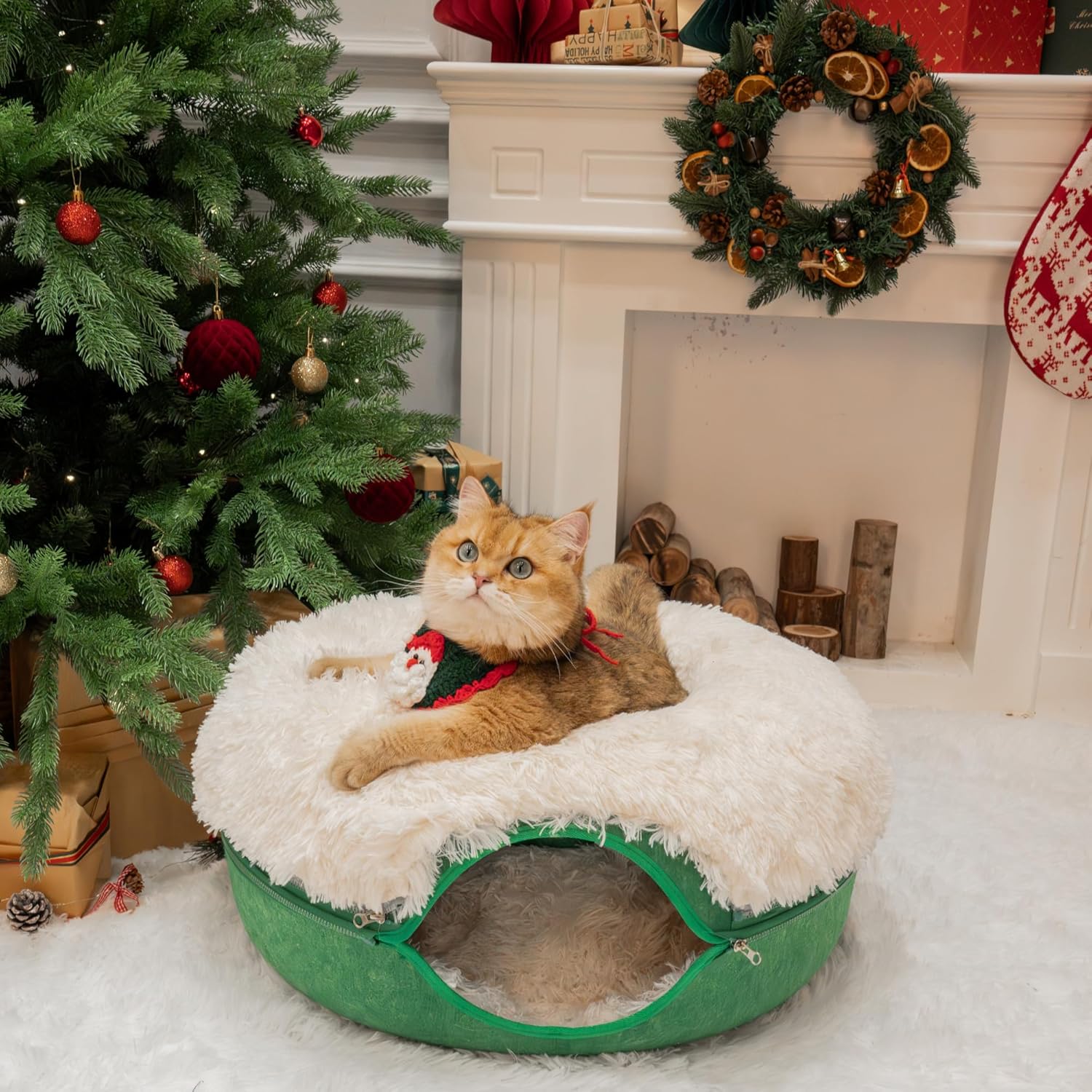 CATTASAURUS Peekaboo Cat Cave for Multiple & Large Cats Up to 30-45 Lbs, Fluffy Cat Beds & Furniture, Scratch Detachable & Washable Tunnel Bed, Comfy Donut Bed (Forest Green, Large (Calming)) - Image 4