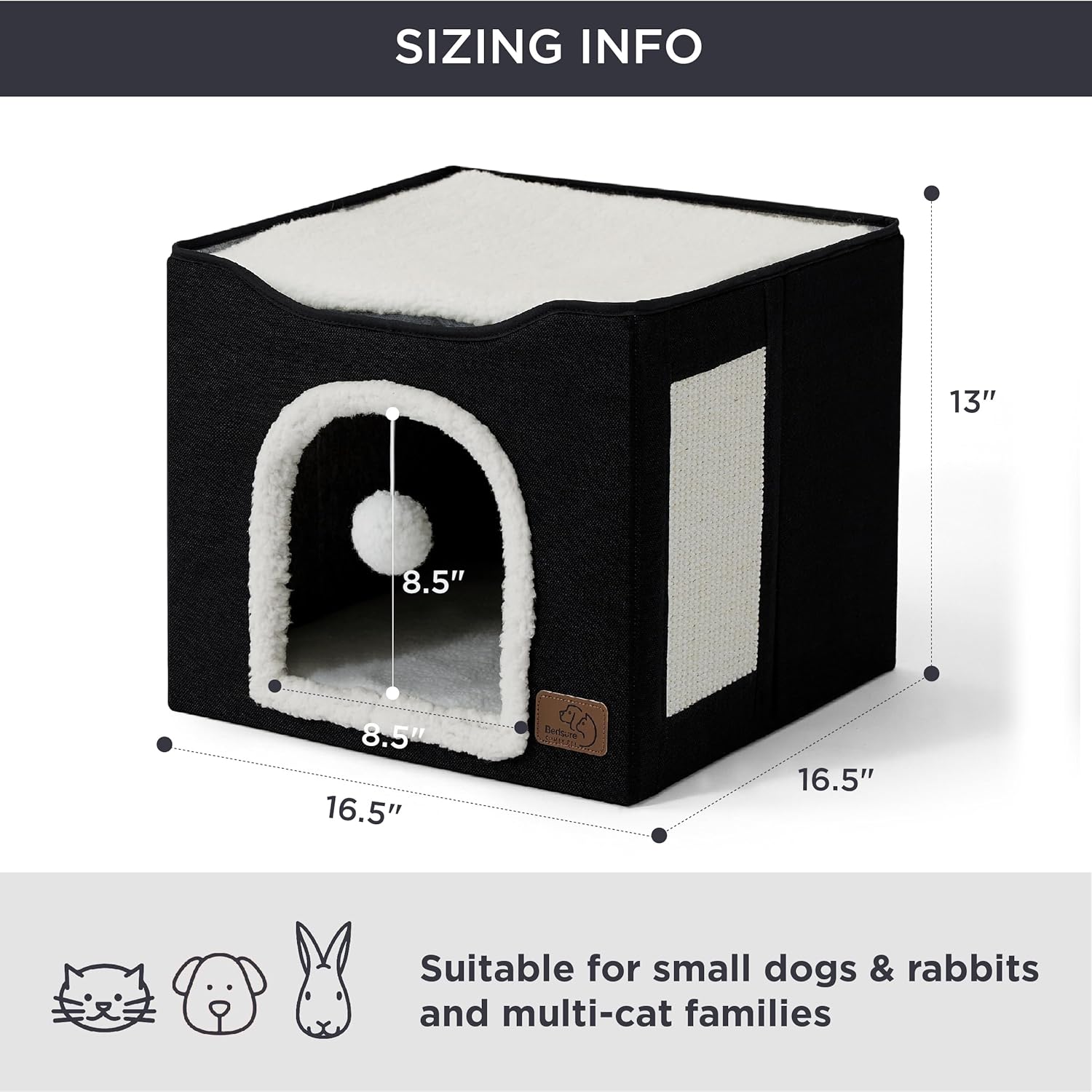 Bedsure Cat Beds for Indoor Cats - Large Cat Cave for Pet Cat House with Fluffy Ball Hanging and Scratch Pad, Foldable Cat Hideaway, 16.5x16.5x13 inches, Black - Image 4