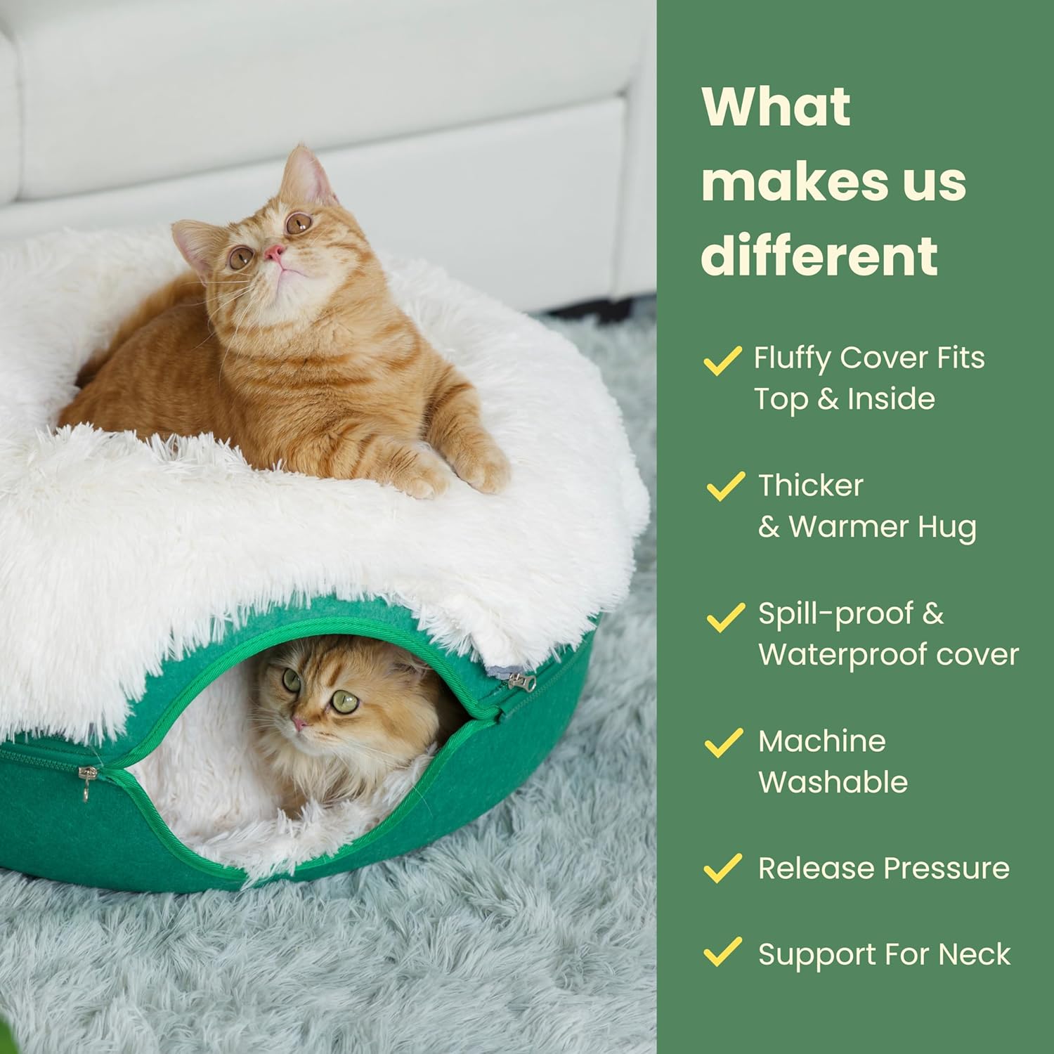 CATTASAURUS Peekaboo Cat Cave for Multiple & Large Cats Up to 30-45 Lbs, Fluffy Cat Beds & Furniture, Scratch Detachable & Washable Tunnel Bed, Comfy Donut Bed (Forest Green, Large (Calming)) - Image 5