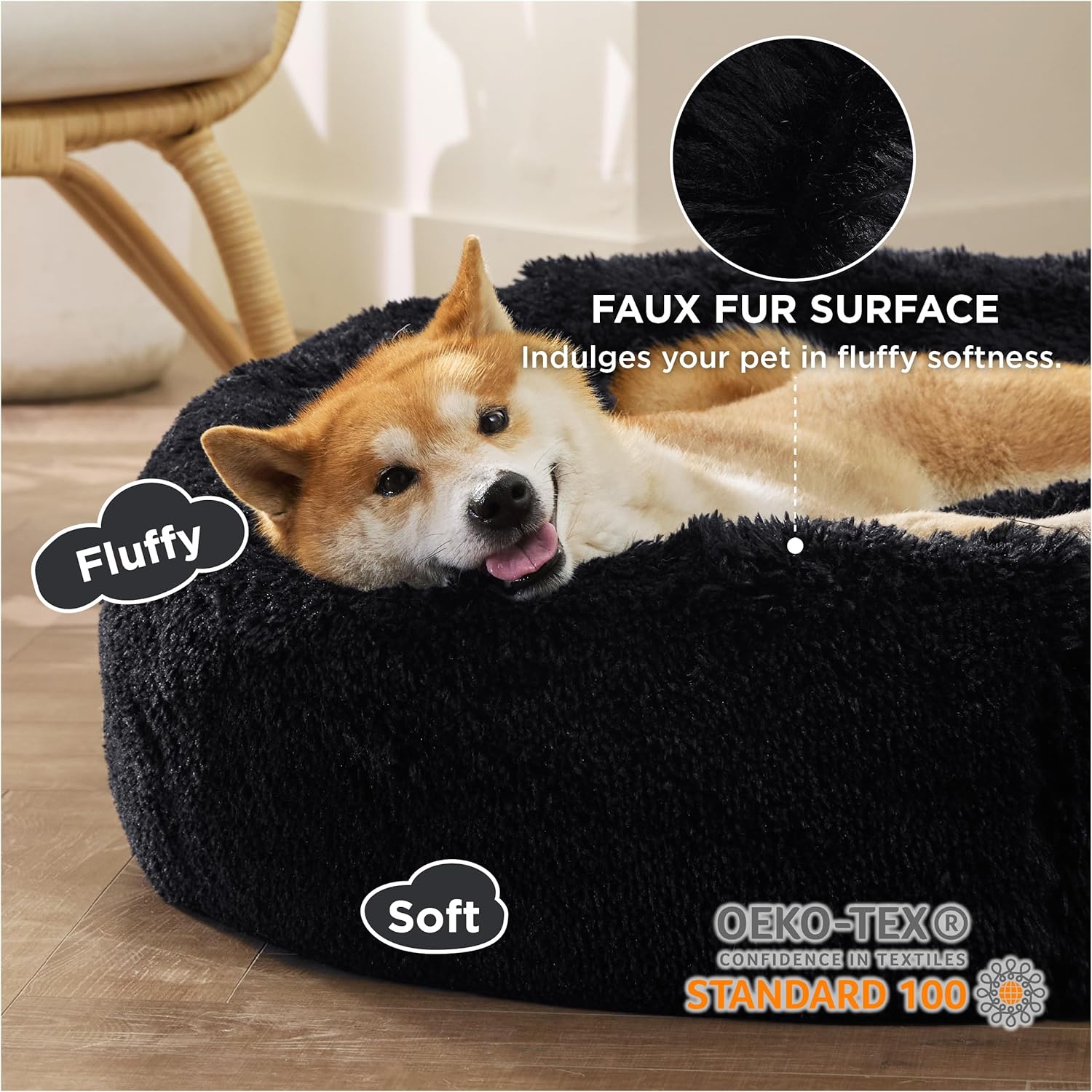 Bedsure Calming Dog Bed for Medium Dogs - Donut Washable Medium Pet Bed, 30 inches Anti-Slip Round Fluffy Plush Faux Fur Cat Bed, Fits up to 45 lbs Pets, Black - Image 2