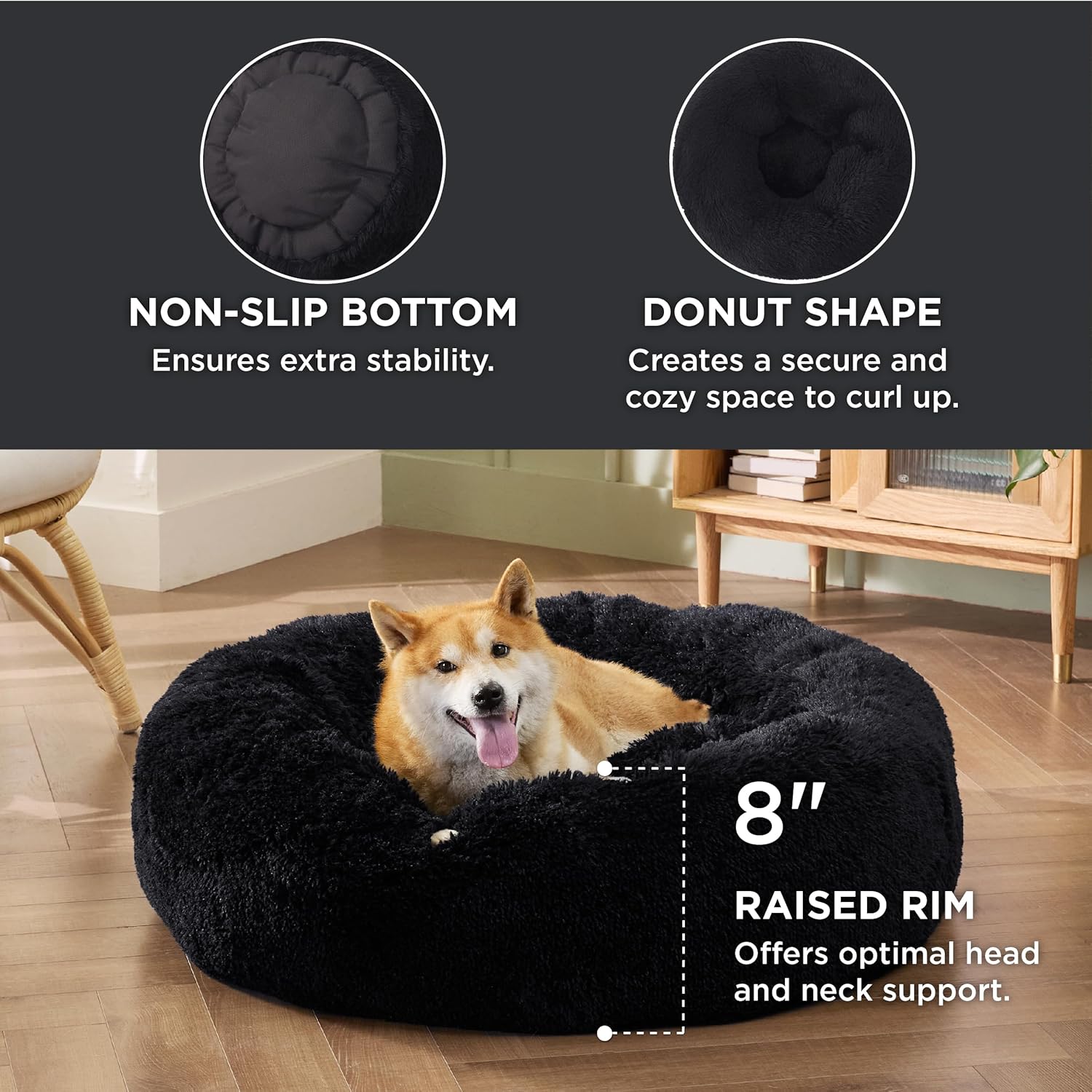 Bedsure Calming Dog Bed for Medium Dogs - Donut Washable Medium Pet Bed, 30 inches Anti-Slip Round Fluffy Plush Faux Fur Cat Bed, Fits up to 45 lbs Pets, Black - Image 5