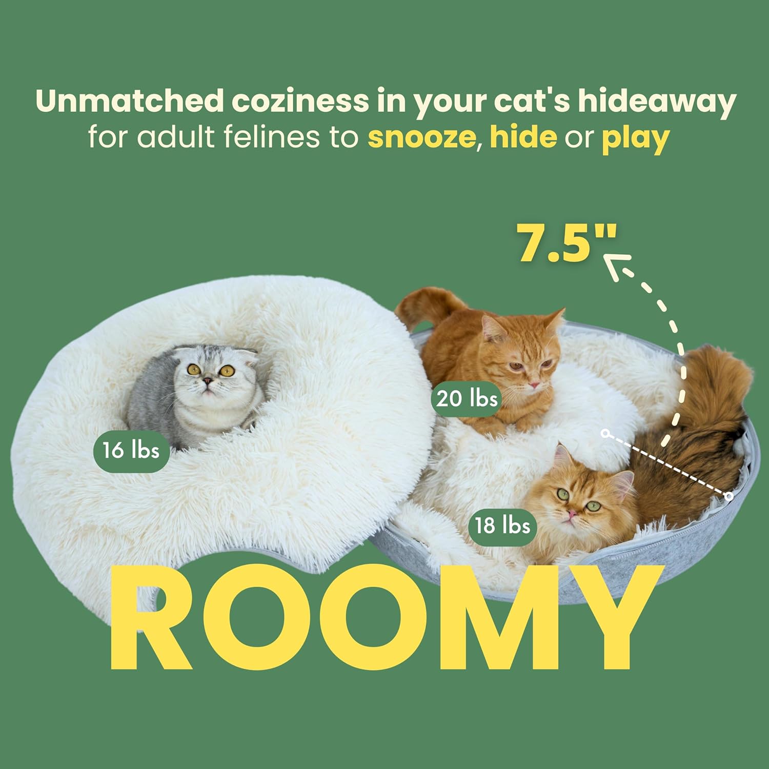 CATTASAURUS Peekaboo Cat Cave for Multiple & Large Cats Up to 30-45 Lbs, Fluffy Cat Beds for Indoor Cats, Scratch Detachable & Washable Tunnel Bed, Comfy Donut Cave (Light Gray, Large (Calming)) - Image 2