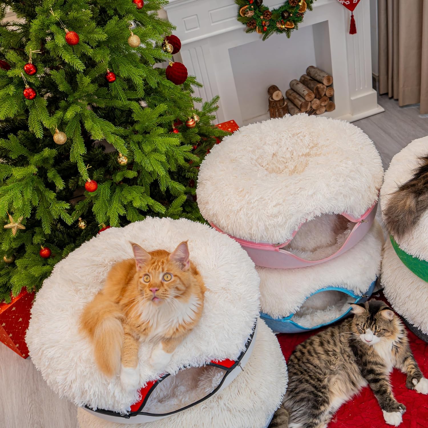 CATTASAURUS Peekaboo Cat Cave for Multiple & Large Cats Up to 30-45 Lbs, Fluffy Cat Beds for Indoor Cats, Scratch Detachable & Washable Tunnel Bed, Comfy Donut Cave (Light Gray, Large (Calming)) - Image 5