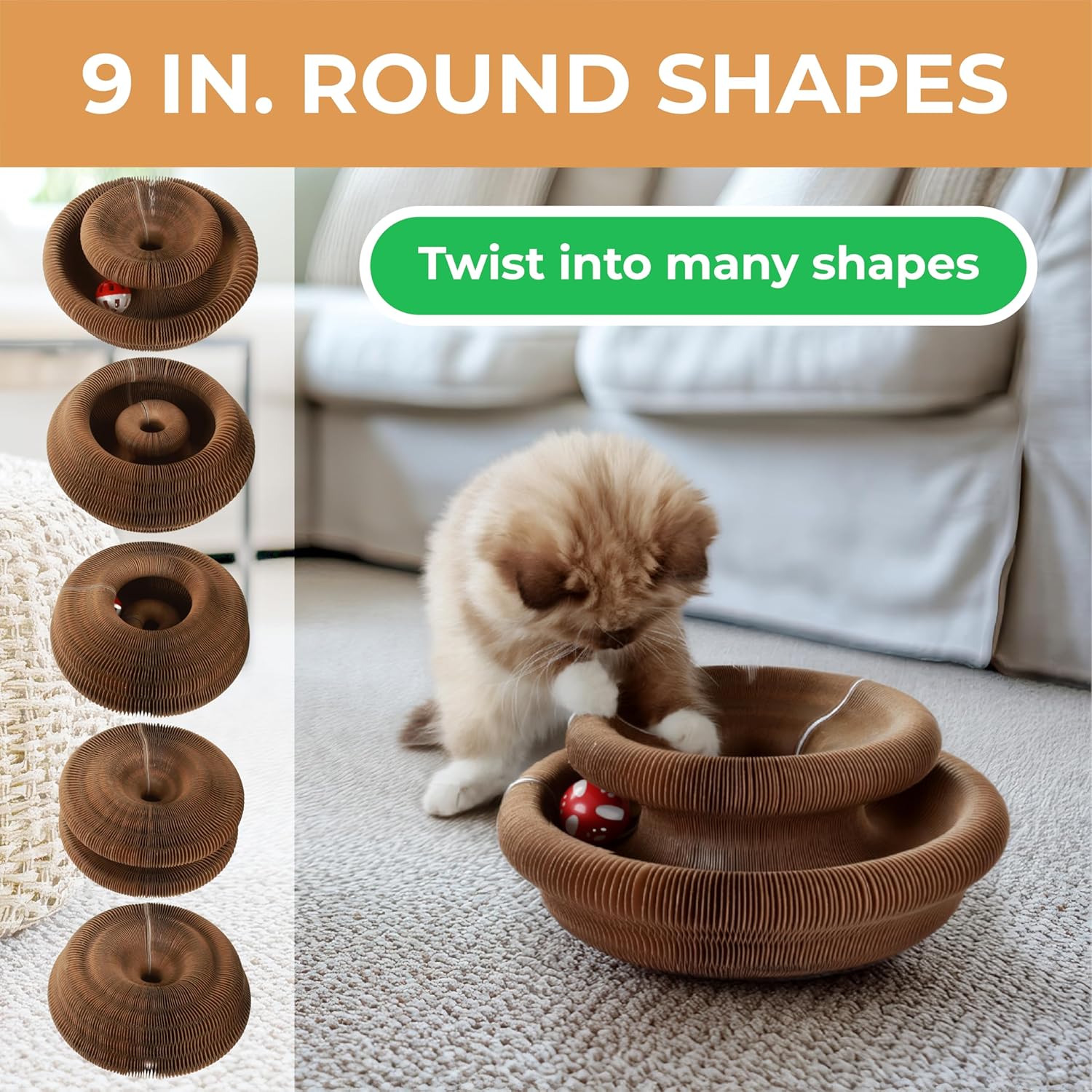 Magic Organ Cat Scratcher Board Toy with Bell Ball and Catnip - Longer, Stretchier Accordion Cardboard Scratching Pad with 4 Strong Magnets - Interactive Fun and Enrichment for Indoor Cats - Image 2