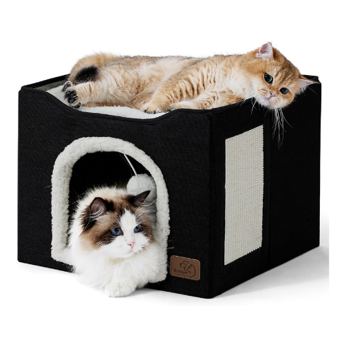 Bedsure Cat Beds for Indoor Cats - Large Cat Cave for Pet Cat House with Fluffy Ball Hanging and Scratch Pad, Foldable Cat Hideaway, 16.5x16.5x13 inches, Black