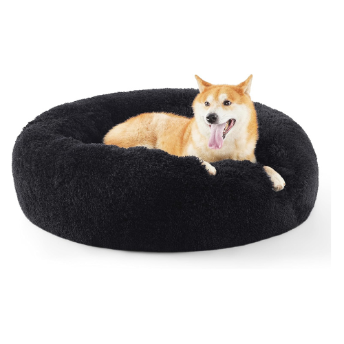 Bedsure Calming Dog Bed for Medium Dogs - Donut Washable Medium Pet Bed, 30 inches Anti-Slip Round Fluffy Plush Faux Fur Cat Bed, Fits up to 45 lbs Pets, Black