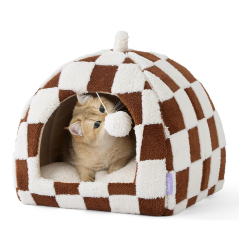 Lesure Cute Cat Beds for Indoor Cats - 2 in 1 Cat Cave Bed for Kittens and Small Pets, House with Removable Washable Cushioned Pillow, Cozy Tent House with Non-Slip Bottom, Brown, 16 inches