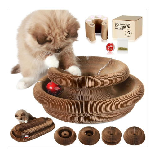 Magic Organ Cat Scratcher Board Toy with Bell Ball and Catnip - Longer, Stretchier Accordion Cardboard Scratching Pad with 4 Strong Magnets - Interactive Fun and Enrichment for Indoor Cats